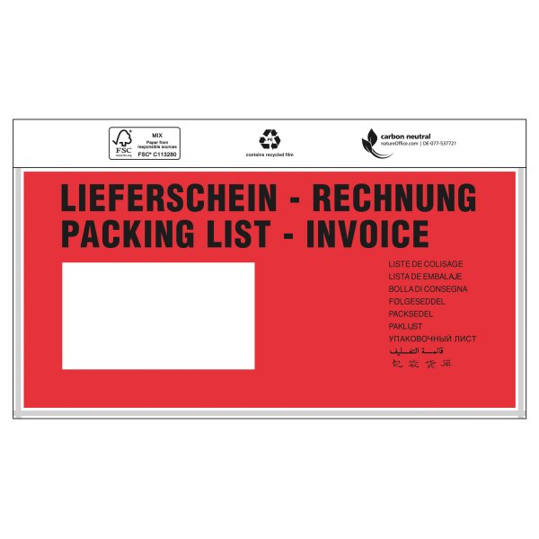 Dokumententasche Premium, "Lieferschein/Rechnung", DIN lang | 240 x 118 mm (Offene Seite x L) | VE = 1000 Stk.