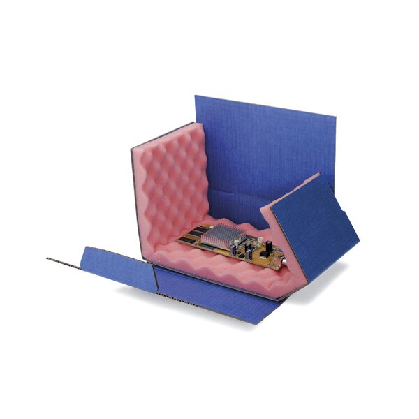 Wellpapp-Chipbox mit Noppenschaum, blau, abschirmend | 200 x 140 x 50 mm (L x B x H) Innenmaß | VE = 40 Stk.