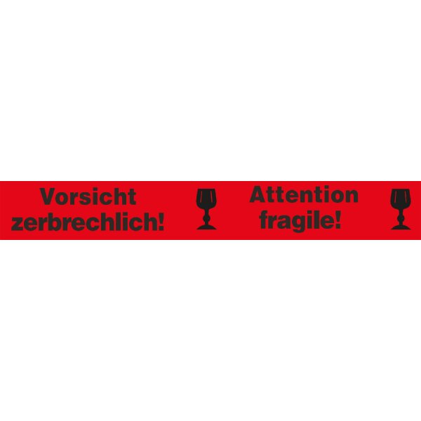 PP-Warnklebeband, rot, "Vorsicht zerbrechlich", 52 µ | 50 mm x 66 lfm. | VE = 12 Stk.