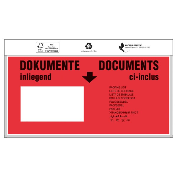 Dokumententasche Standard, "Dokumente", DIN lang | 240 x 118 mm (Offene Seite x L) | VE = 1000 Stk.