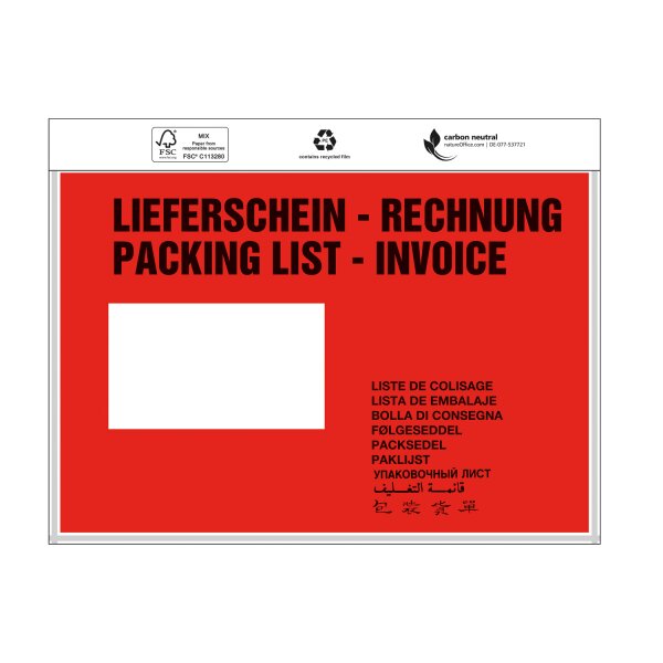 Dokumententasche Standard, "Lieferschein/Rechnung", DIN C5 | 240 x 163 mm (Offene Seite x L) | VE = 1000 Stk.